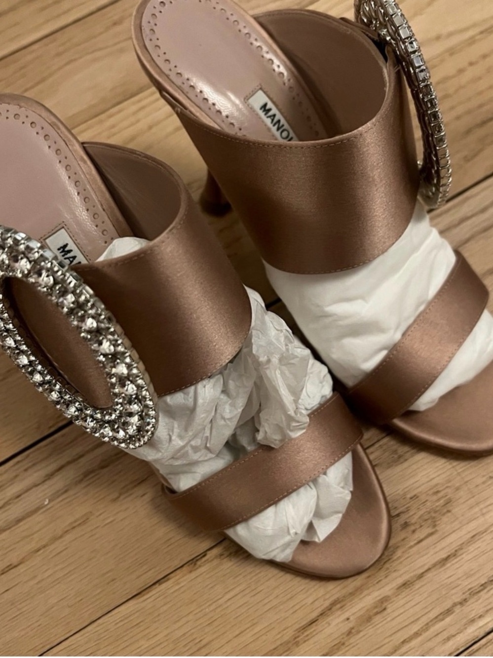 Manolo Blahnik Rose Gold Satin Mules with Crystal Buckle